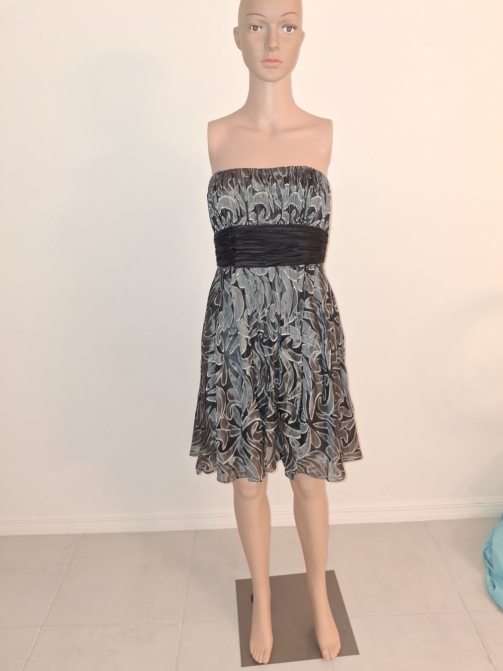 Strapless Black & Silver Patterned Cocktail Dress